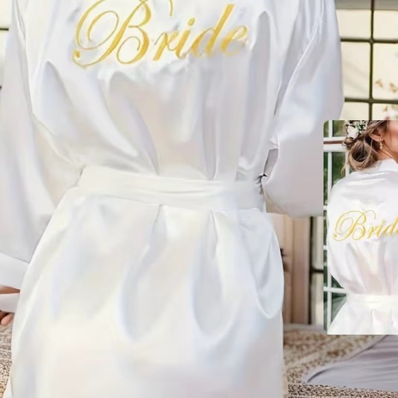 White Satin "Bride" Robe with Gold Script - Picture 2 of 3